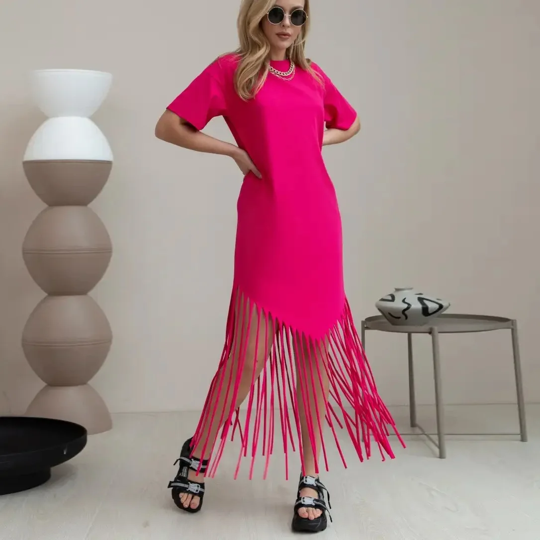 タッセルドレス レディース ルーズTシャツ ロングスカート ワンピース パーティードレス 女性用 新作ワンピース Y2Kファッション フリンジ付きドレス