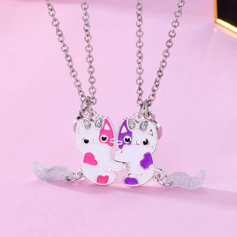 2Pcs/set Cartoon Cat Shape Pendant Chain Best Friends Necklace BFF Friendship Children's Jewelry Gift For Girls