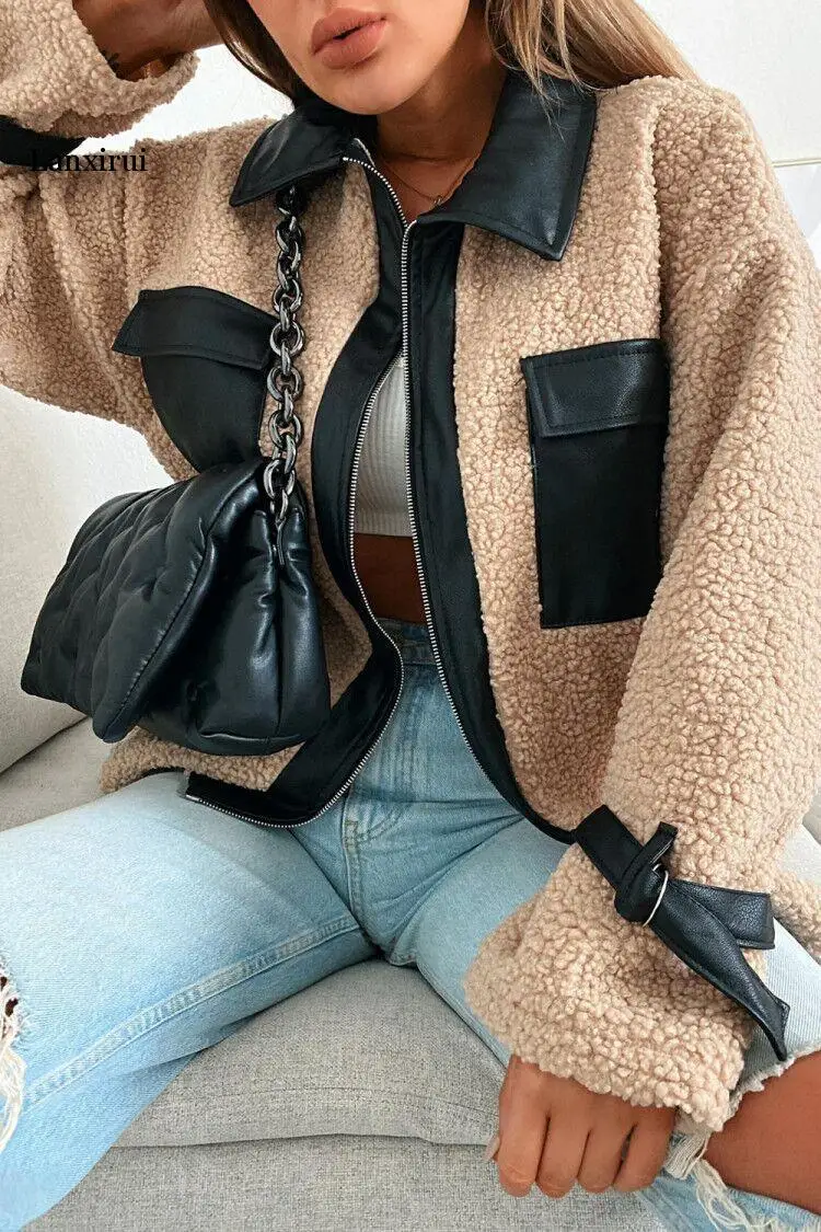 

Women's Long Sleeve Lamb Wool Coat, Girl's High Collar Zipper Jacket, Casual Loose Contrast Color Outer Wear