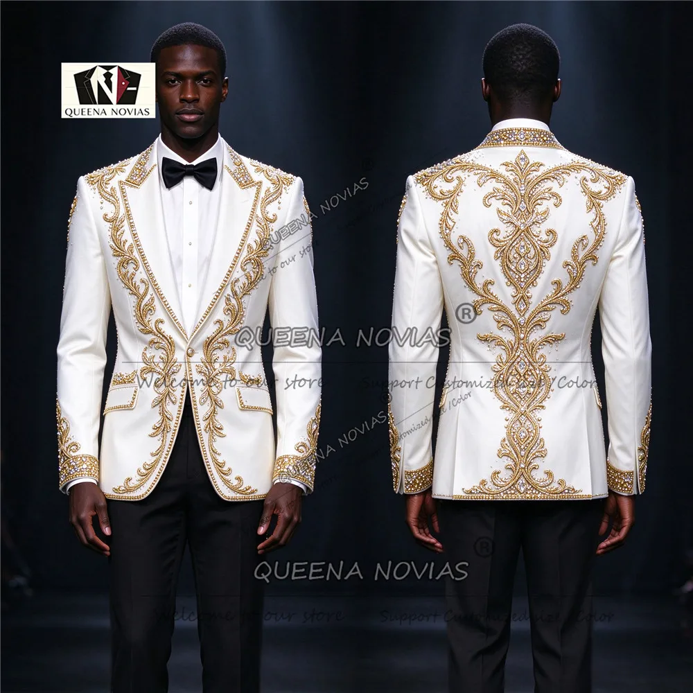 Exquisite Gold Beaded Stones Suits Men For Wedding Single Breasted Jacket With Black Trousers 2 Pieces Victorian Groom Tuxedos