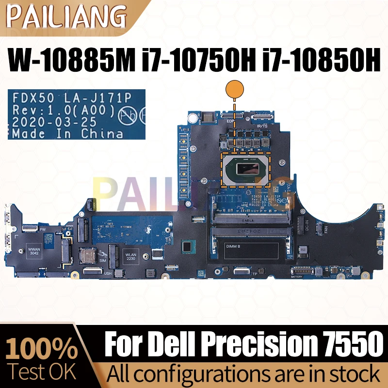 For Dell Precision 7550 Notebook Mainboard LA-J171P W-10885M i7-10750H i7-10850H 01CFGW 04JGVR Laptop Motherboard Full Tested