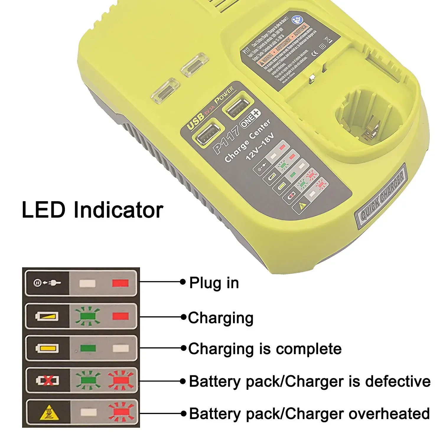 3A 12V-18V Lithium-Ion and Ni-Mh/Ni-Cd  Replacement Charger for Ryobi ONE+ P104 P105 P107 P108 BCL1418 Rechargeable Battery