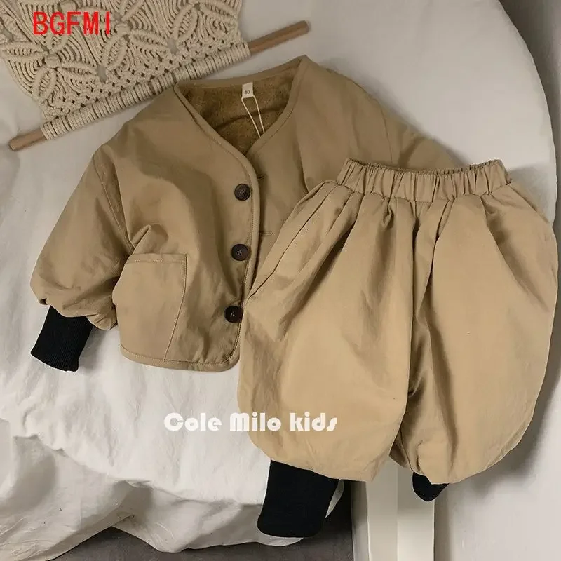 

Korean Children's Clothing Autumn Kids Boys Plus Velvet Jacket Girls Outerwear Winter Retro Childhood Coats Pants Two Piece Set