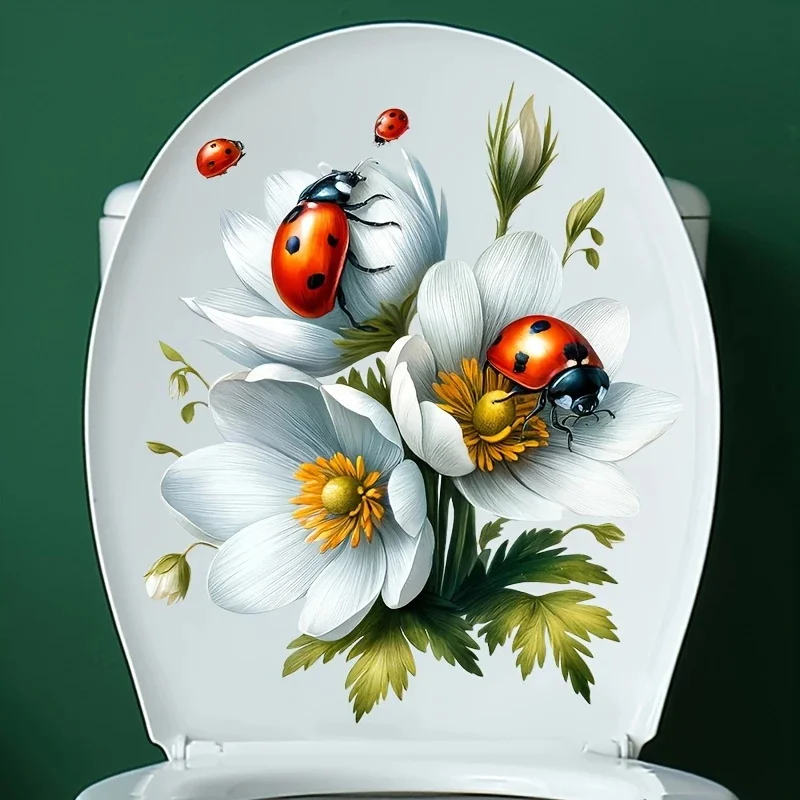 MT1288# Floral Ladybug Toilet Lid Decal - Self-Adhesive  Ceramic Toilet Vinyl Decals, Art Wall Paper, Outdoor Indoor Use