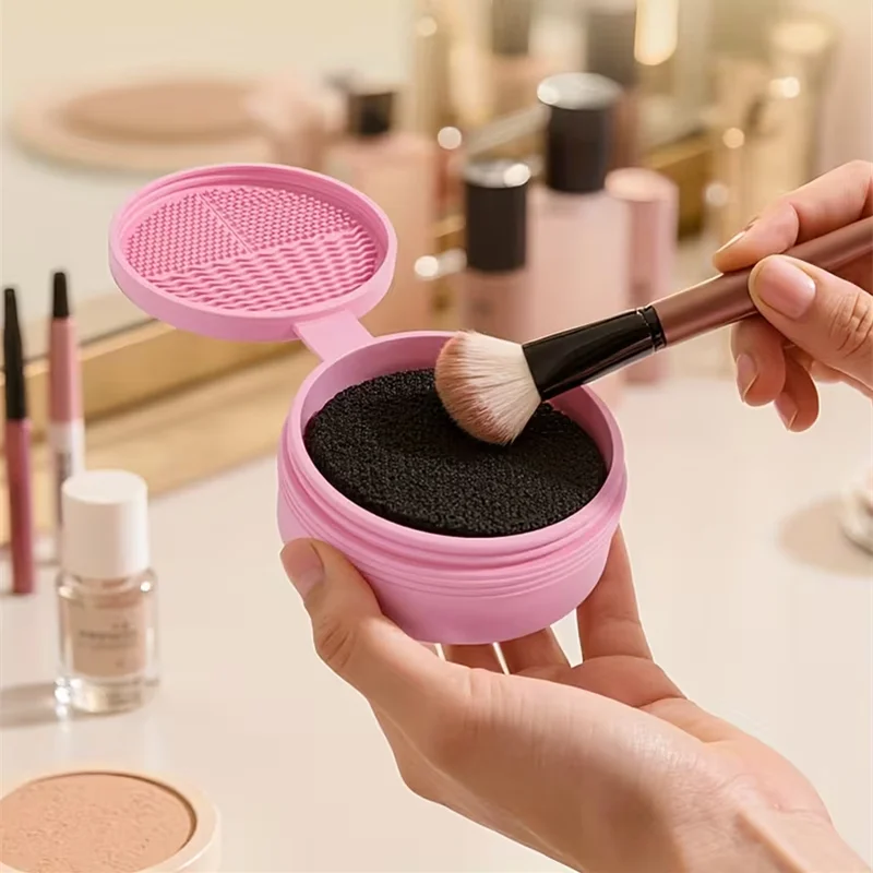 シリコン製メイクブラシ洗浄ボックス 湿式・乾式両用ブラシクリーナー クイックリムービングスポンジ付き メイクブラシパフクリーナーツール
