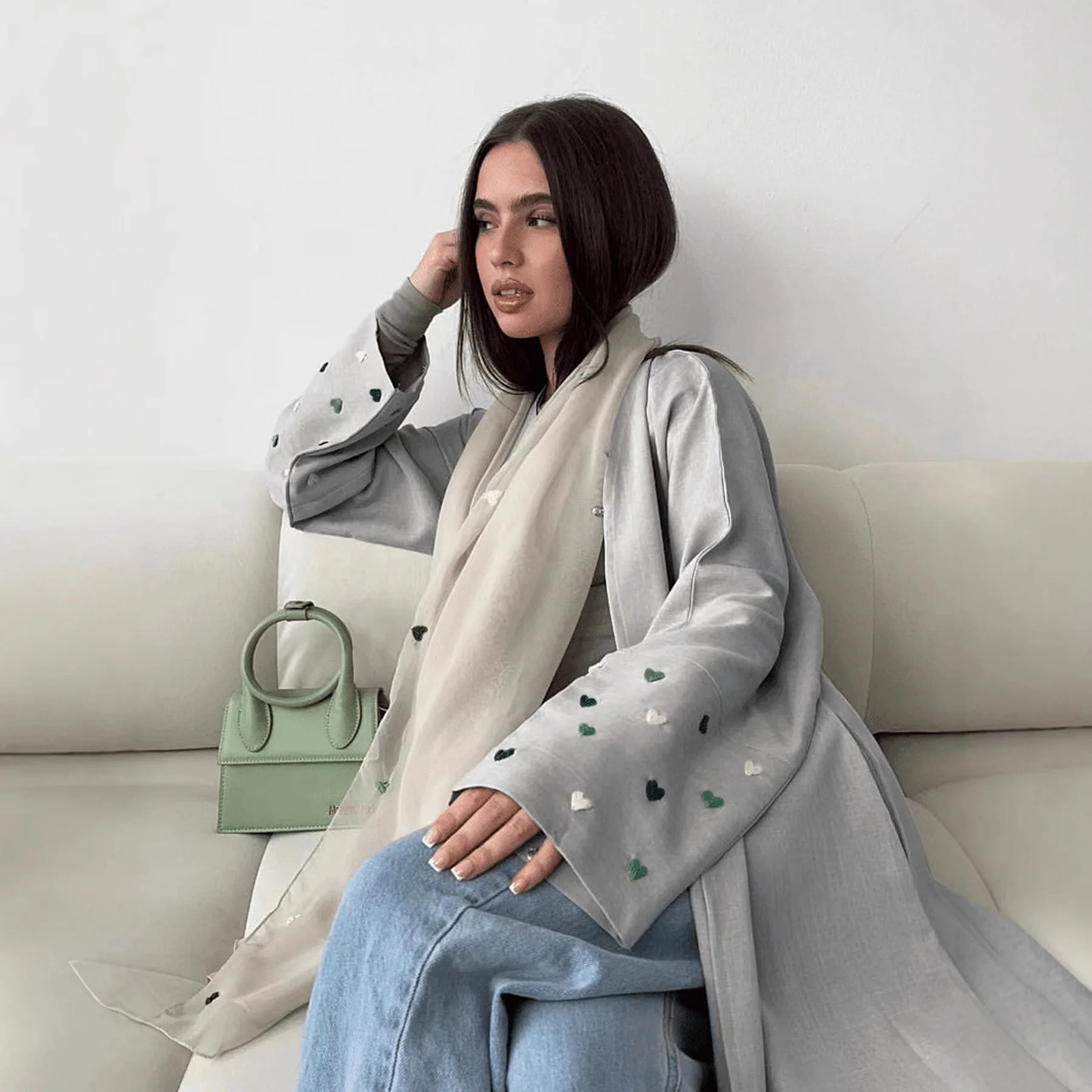 Women's Love Heart Embroidery Muslim Abaya Elegant Loose Ramadan Eid Dubai Arab Long Robe Islam Fashion Abayas For Femme Musulma