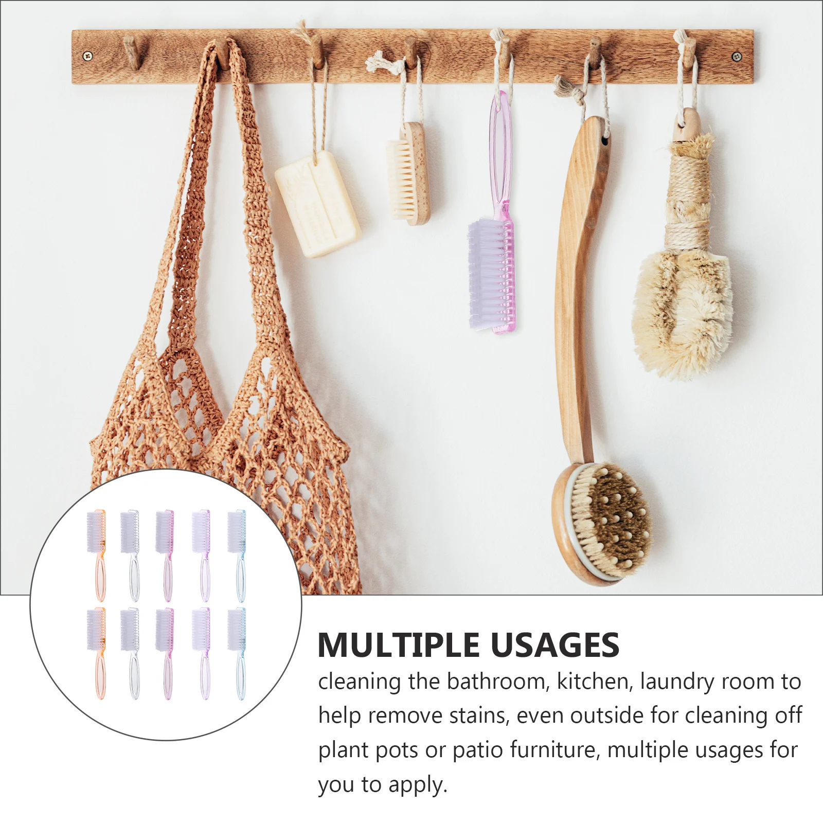 

10pcs Nail Brush Fingernail Cleaning Scrub Gentle Bristles Non Slip Handle Long Plastic Hole Bathroom Kitchen Patio