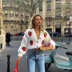 Autumn Casual Strawberry Embroidery Knit Sweater Women's Long Sleeve Spring Crop Tops Fashion Office Sweet French Beige Clothes