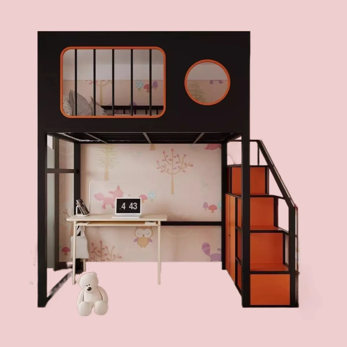 Nordic Province space suspended bed wardrobe ladder suspended wall elevated bed small apartment wrought iron bed