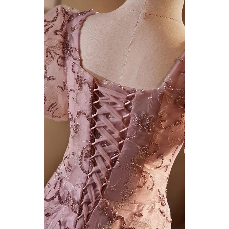 Bespok-Robe de soirée en tulle rose foncé pour femme, bling, col carré, manches courtes, à lacets, ligne A, longueur au sol, grande taille