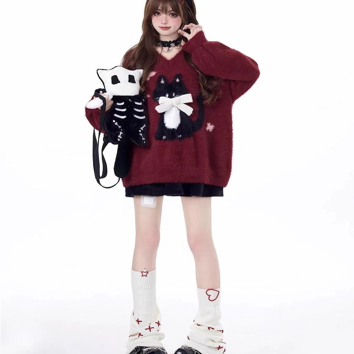 เสื้อสเวตเตอร์สไตล์ญี่ปุ่นน่ารักสำหรับผู้หญิง คอกลม ลายการ์ตูนแมว แขนยาว สไตล์ลำลอง สำหรับสาวๆ เสื้อพูลโอเวอร์ ฤดูใบไม้ผลิ ฤดูใบไม้ร่วง