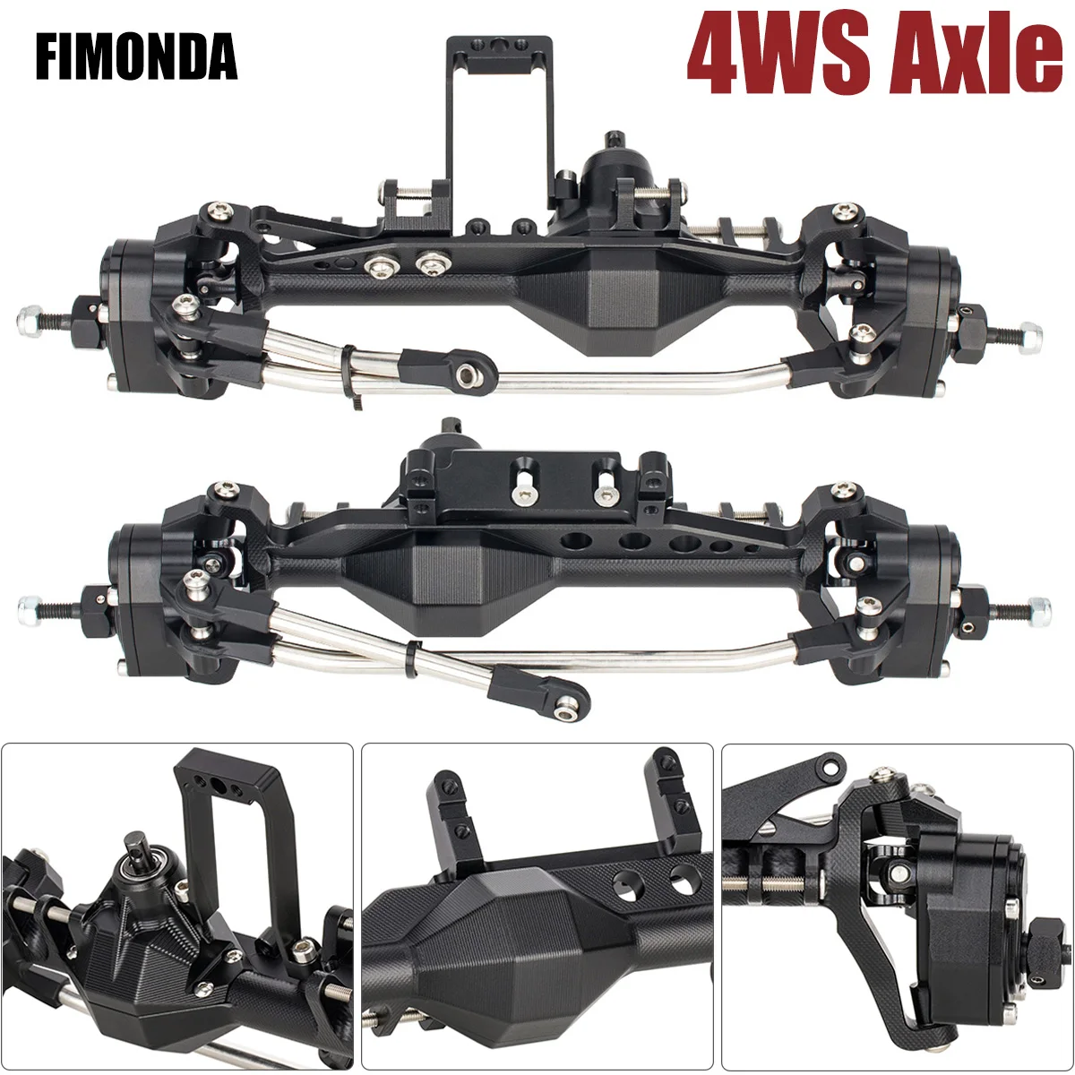4WS CNC Aluminum Axle Set for 1/10 RC Crawler - LCG Chassis Upgrade Capra Cheater Rigs 50° Steering (Black/Silver) 1