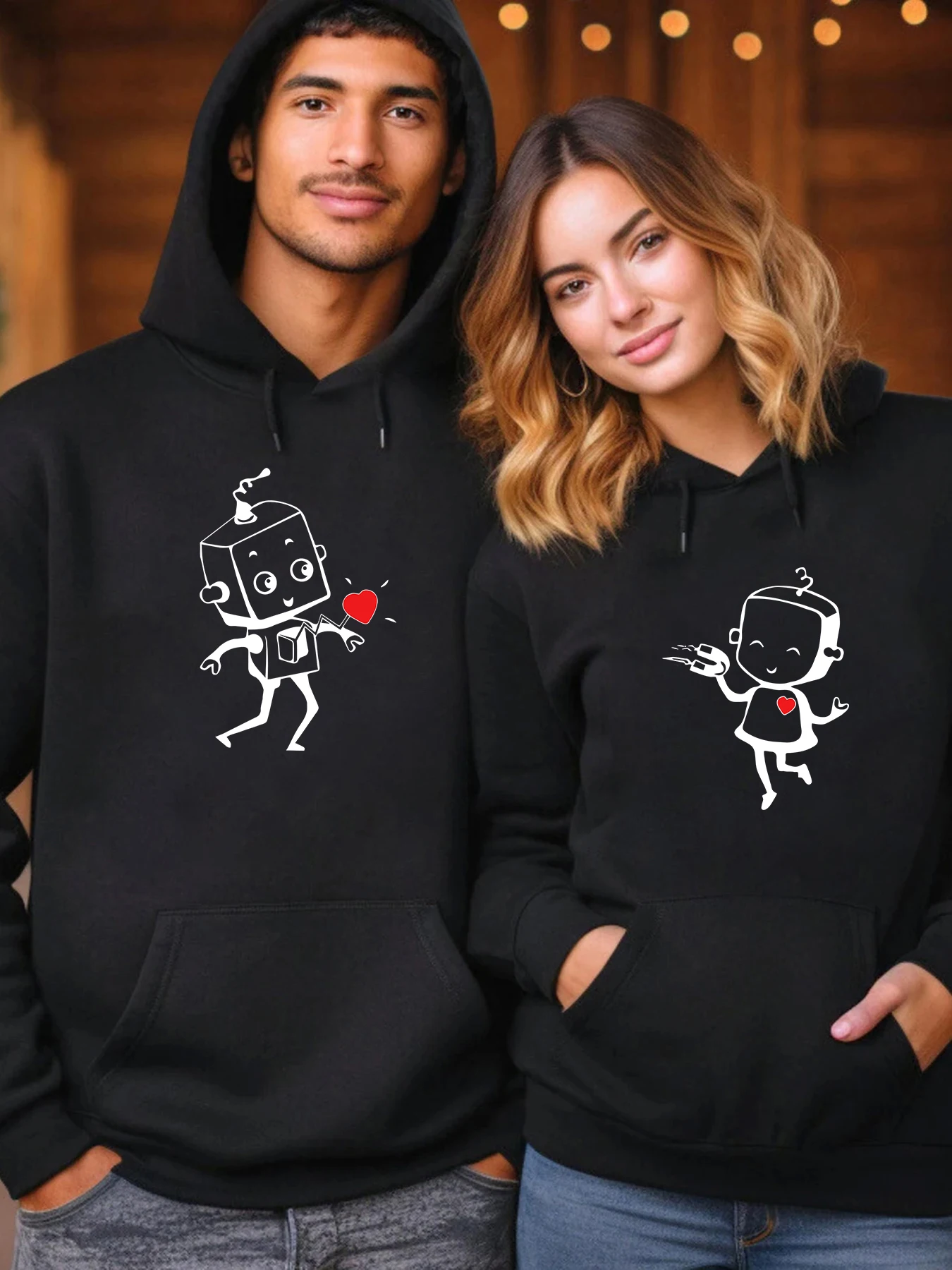 

1PC Doll people's Hearts Attract Each Other Couple Hooded Cartoon Hoodies fur-liner Casual Hoodie Woman Soft Spring Autumn tops
