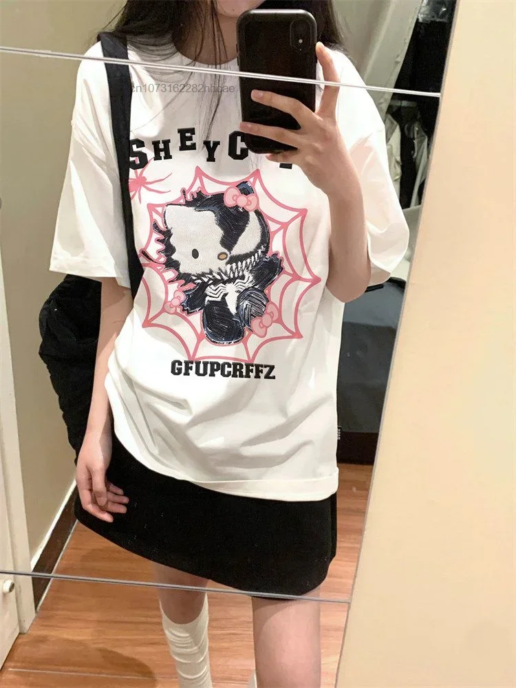 Sanrio Hello Kitty Tees Tops Fashion Y2k Gothic T-shirt Youthful Woman Clothes Emo 90s Korean Style Black White Harajuku Tops