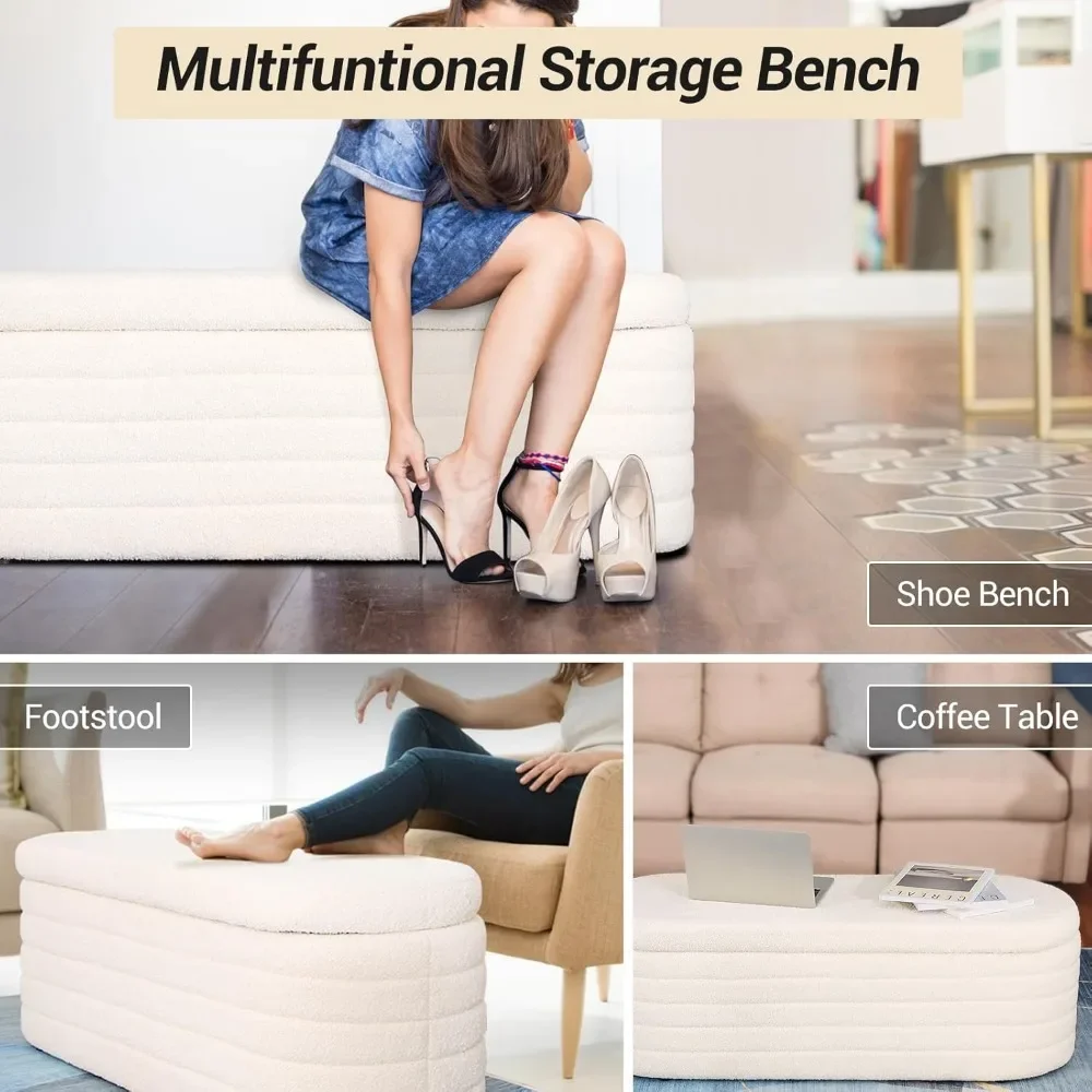 45.5" Teddy Sherpa Storage Ottoman Bench, Upholstered Fabric | Modern White Bedroom End-of-Bed Design with Safety Hinge