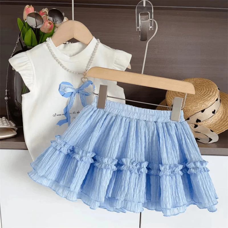 New Girls\' Summer Suits2024New Fashionable Bow Flounced SleeveTT-shirt Cake Dress Children Two-Piece Set