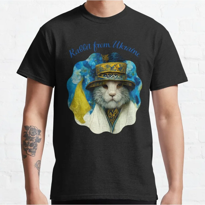 

Cute Rabbit from Ukraine Funny Ukrainian Cat Soldier art Short-sleeve crewneck T-shirt for men Large size Adult Tops S-6xl