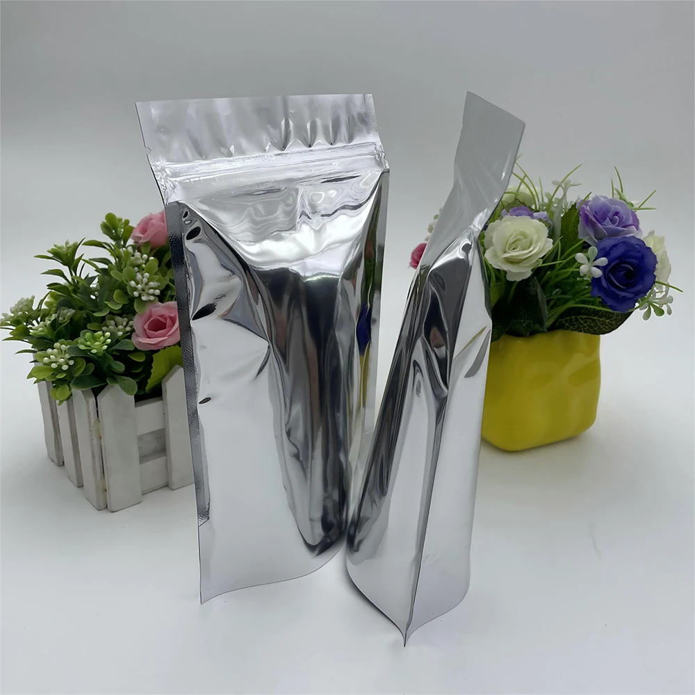 100 個シルバーアルミ箔ジップロック包装袋スタンドアップ再密封可能な光沢のある箔プラスチック熱シール保存ポーチ