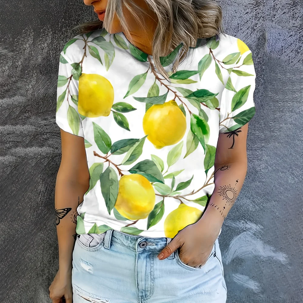 Refreshing Fruit Lemon Pattern Printing Daily Fallow Style Women\'s Sumer Clothes Oversized T-shirt Short Sleeve Comfortable Tops