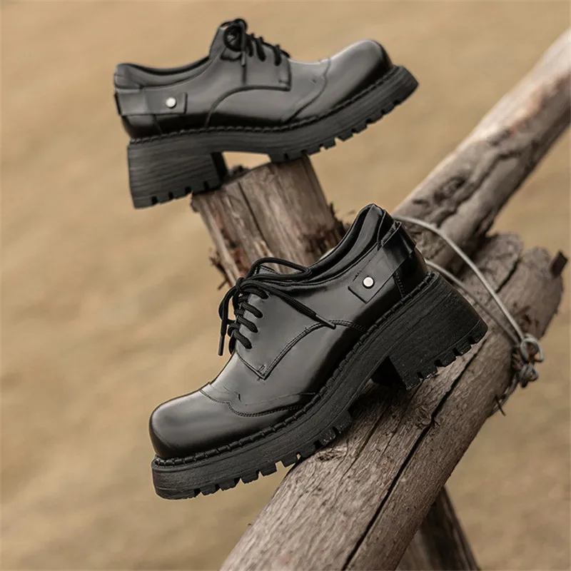 

Новая весенне-осенняя женская обувь из натуральной кожи, лоферы на платформе с круглым носком, модные женские туфли-лодочки на массивном высоком каблуке