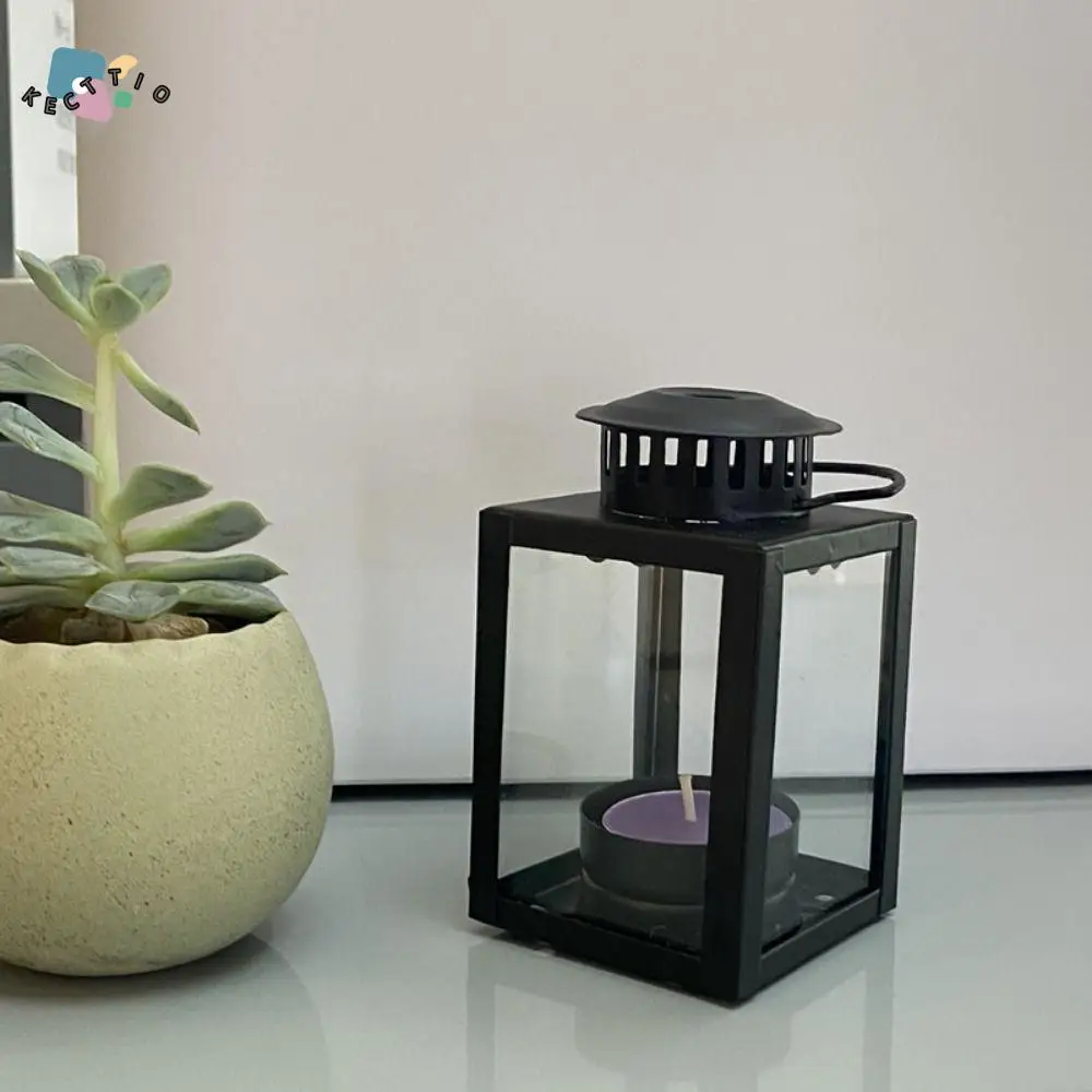 Lámpara de viento de hierro romántica a prueba de viento, farol de hierro forjado negro, soporte para velas, luz de té de mano para exteriores, boda