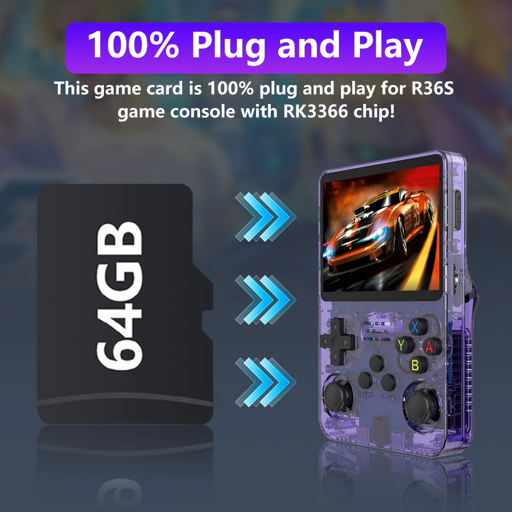 R36S 게임 콘솔용 64GB 게임 카드 (18490개 이상의 게임 및 PS1/PSP/N64/NES/SNES/NEOGEO/NDS 에뮬레이터, Emuelec 4.7, 플러그 앤 플레이 지원)