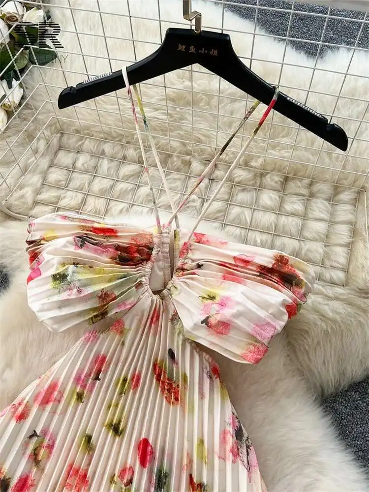 

BabYoung Floral Print Pleated Long Dress Strapless Halter Backless Hollow Out Women Gentle Vacation Beach Party A Line Sundress