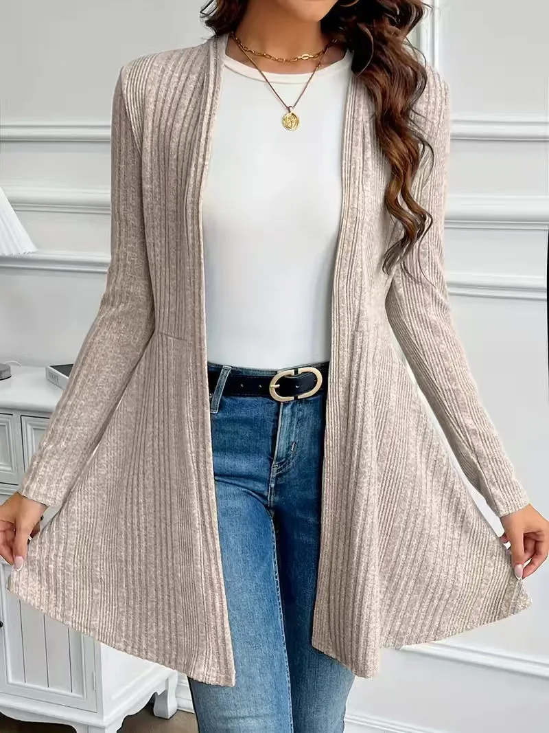 Schwarzer gerippter Strick-Cardigan für Damen, vorne offen, langärmlig, A-Linie, mittellang, lässige, lockere Oberbekleidung für Frühling und Herbst – Detail 14