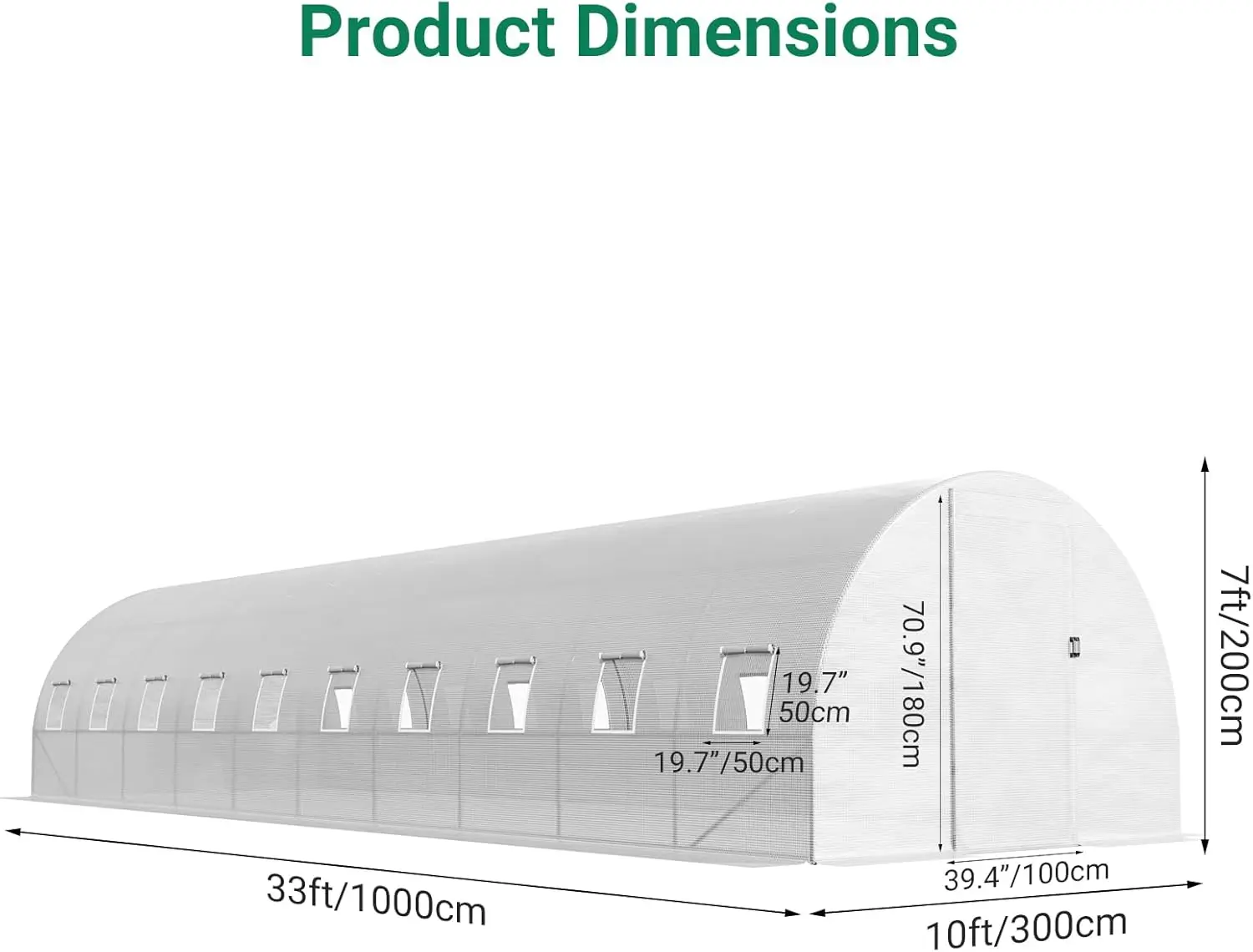 33X10X7 Ft Large Tunnel Greenhouse For Outdoors, Upgraded Swing Doors, Large Walk-In Greenhouse, Heavy Duty Galvanized Steel