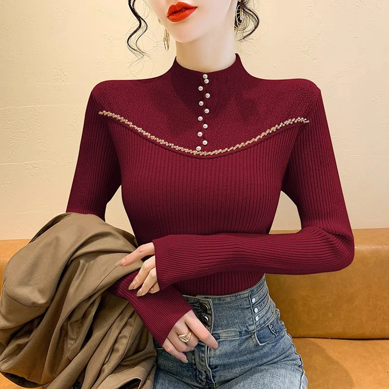 เสื้อไหมพรมแขนยาวสไตล์เกาหลีสำหรับผู้หญิง ติดกระดุม คอสูง ดีไซน์แบบเสื้อซับใน ผ้าไหม แต่งลายปะติด