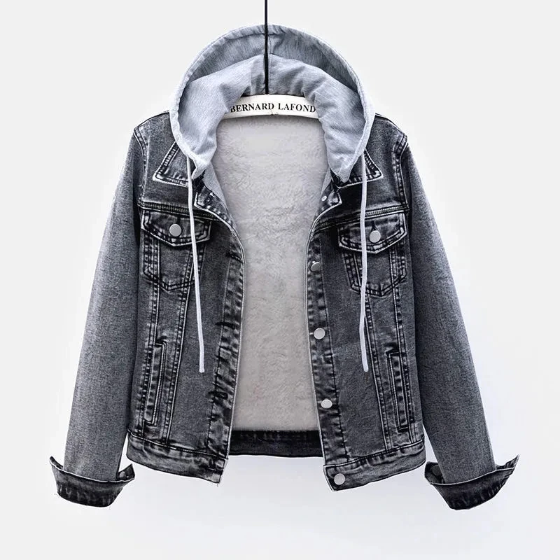 

5XL Women Fleece Warm Winter Women Jean Jacket Pockets Button Soft Hooded Warm Outerwear Hooded Fashion Slim Denim Coats Female