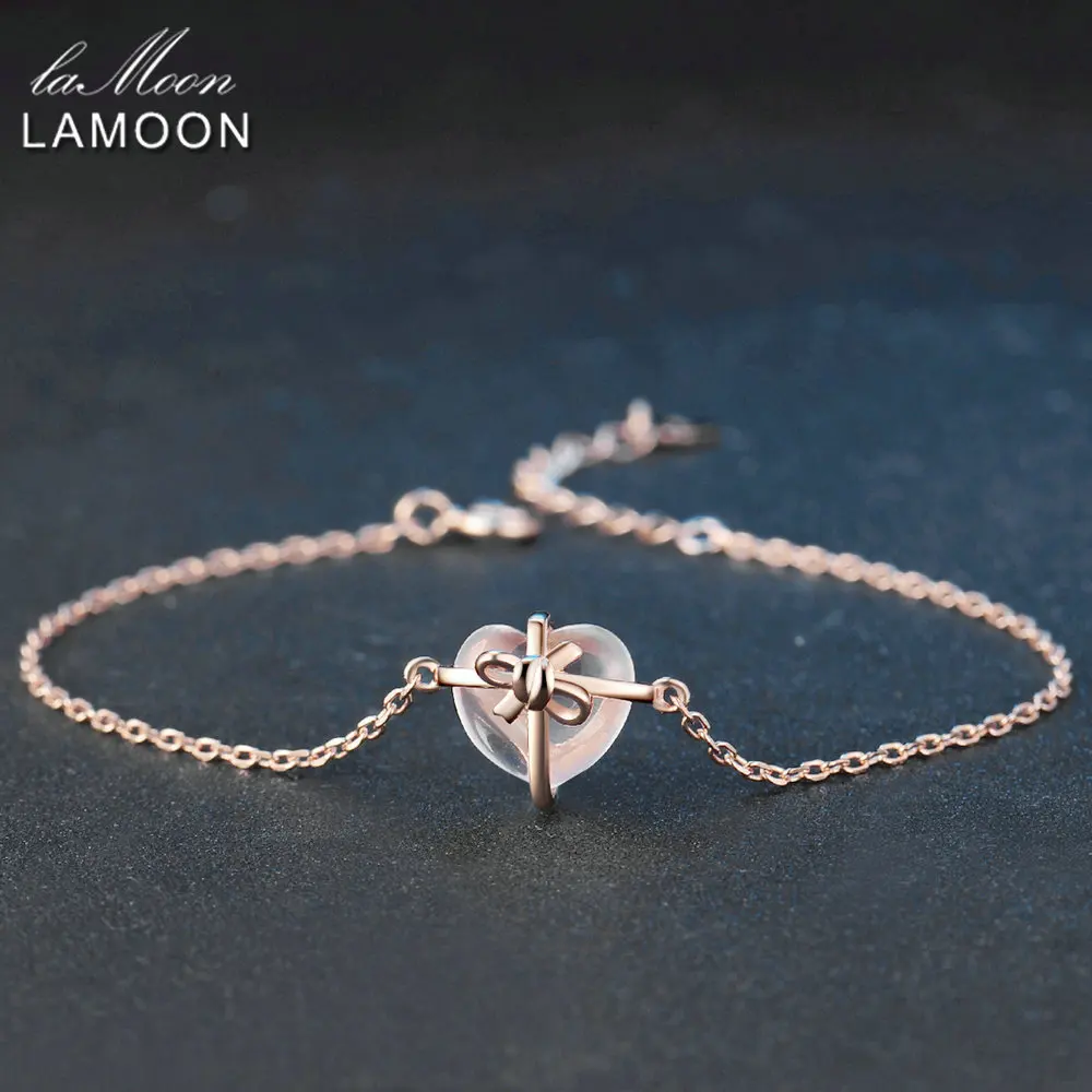 LAMOON 925 srebro Bracele dla kobiet bransoletka z serduszkiem różowy kamień kwarcowy 18K Rose pozłacane Fine Jewelry LMHI047