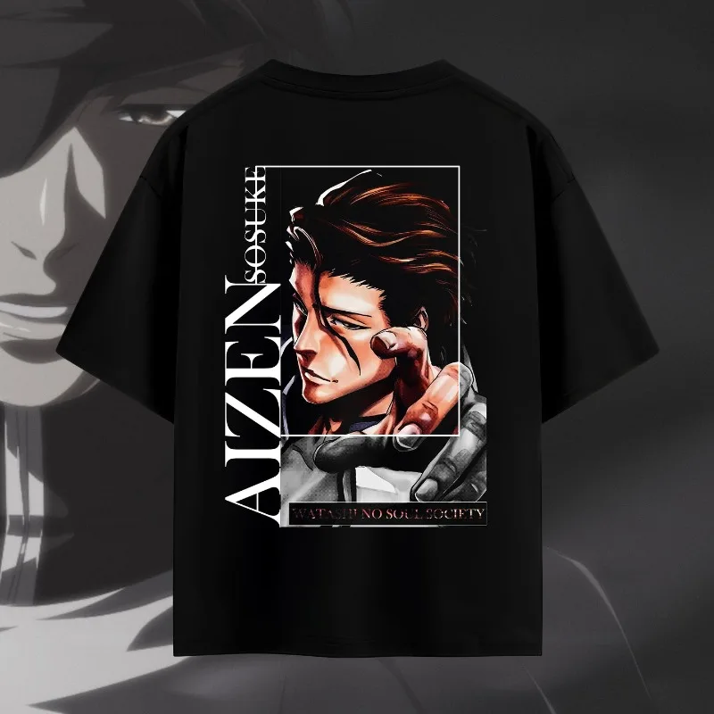 BLEACH Aizen Anime Double Sided Print T-shirt, Oversized Black Tee, Manga Streetwear Casual Short Sleeve for Anime Fans