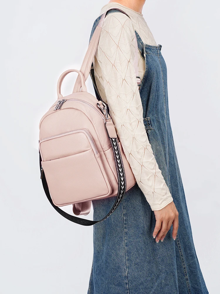 Zency Fashion Genuine Leather Small Pink Backpack for daily Multi-pocket Ladies Shoulder Bag College Girls Satchels for ipad