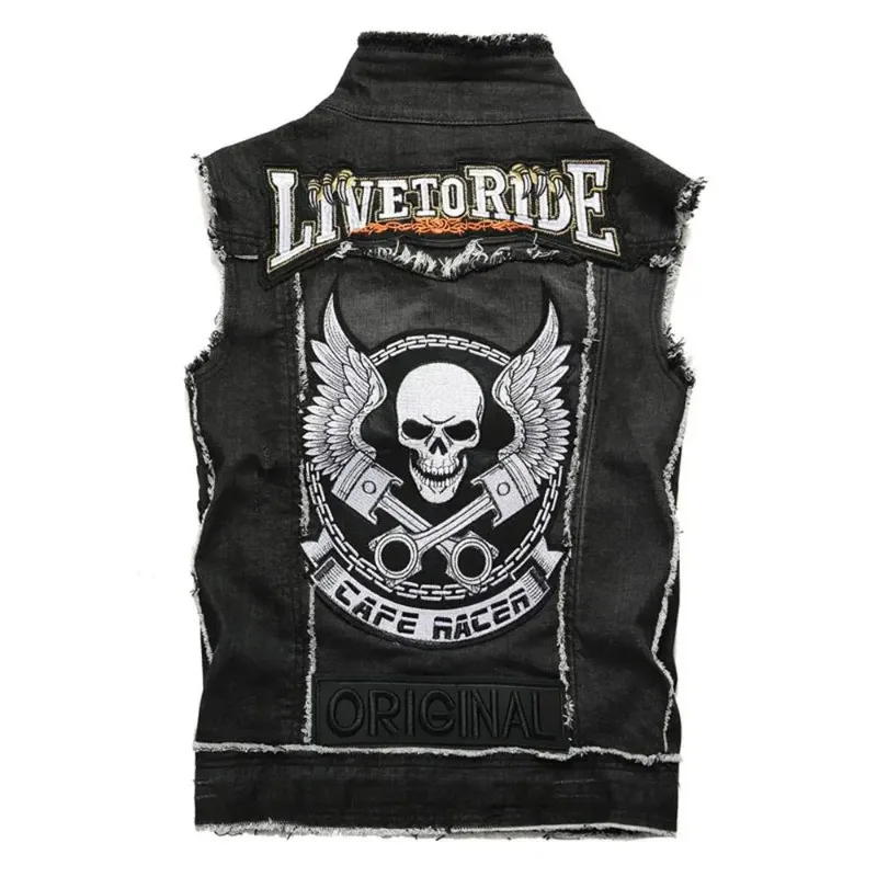 Autumn Punk Denim Vest Men's Patch Embroidery Stitching Skull Nailed  Black Badge Motorcycle Coat