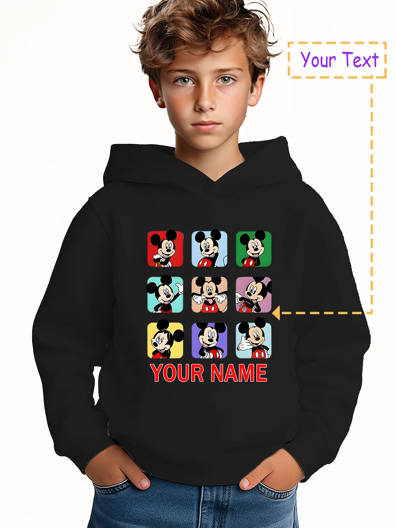 

MINISO Colorful Mickey Mouse 9-Pattern Hoodie - Featuring a colorful 9-Pattern Mickey design and a striking "YOUR NAME" design.
