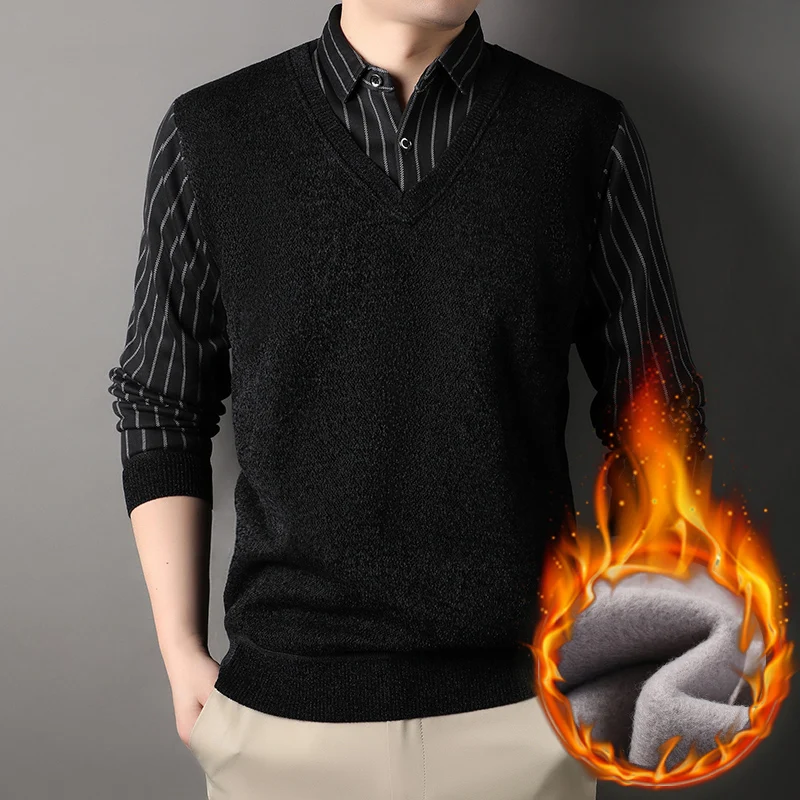 Male Fleece Pullover Men\'s Polo Collar Sweater Autumn Winter Knitwear Stripe Sweaters Thick Warm Khaki Korean Clothing