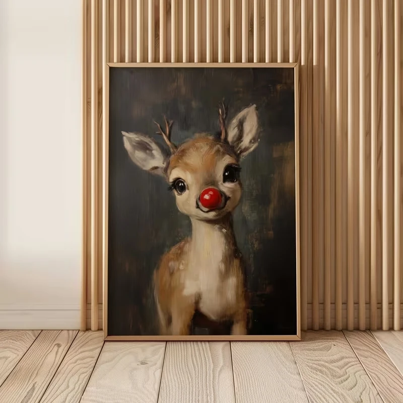 Modern Cute Reindeer  Red-Nosed Wall Art Print Canvas Painting Poster Picture For Living Room,Bedroom Home Decor