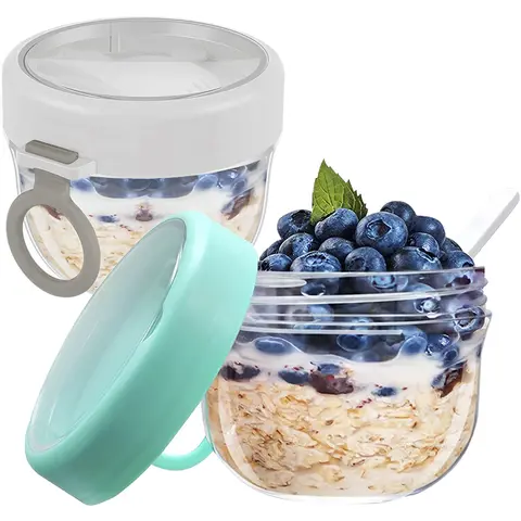 뚜껑 및 접이식 스푼 포함 아침 식사 컵, 재사용 가능, 1 박 귀리 항아리, 2 개, 20oz/600ml