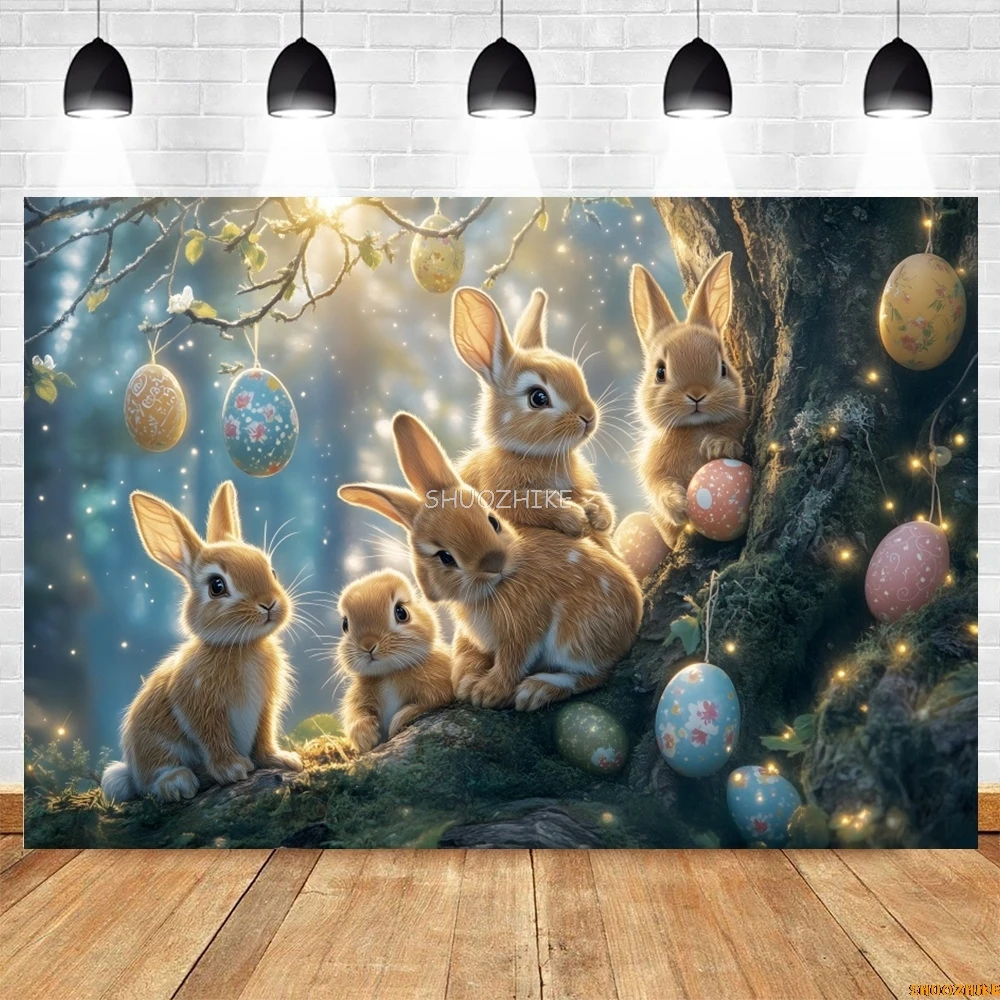 Primavera Uova di Pasqua Conigli Sfondo Foresta Coniglietto Baby Shower Festa di compleanno Bambini Fotografia Sfondo Decor Banner Photostudio