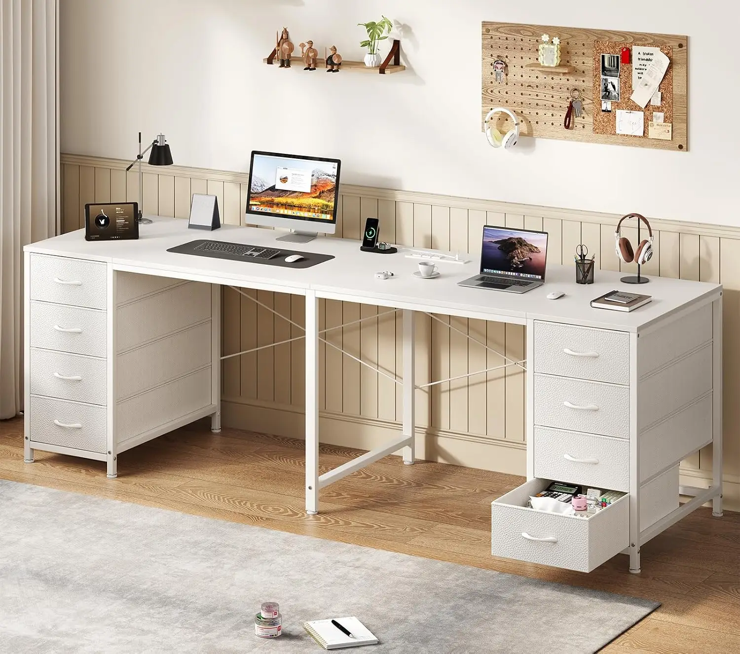 78 Inch 2 Person Computer Desk with 8 Drawers & Power Outlets, Large Office Double Workstation, White, Customized