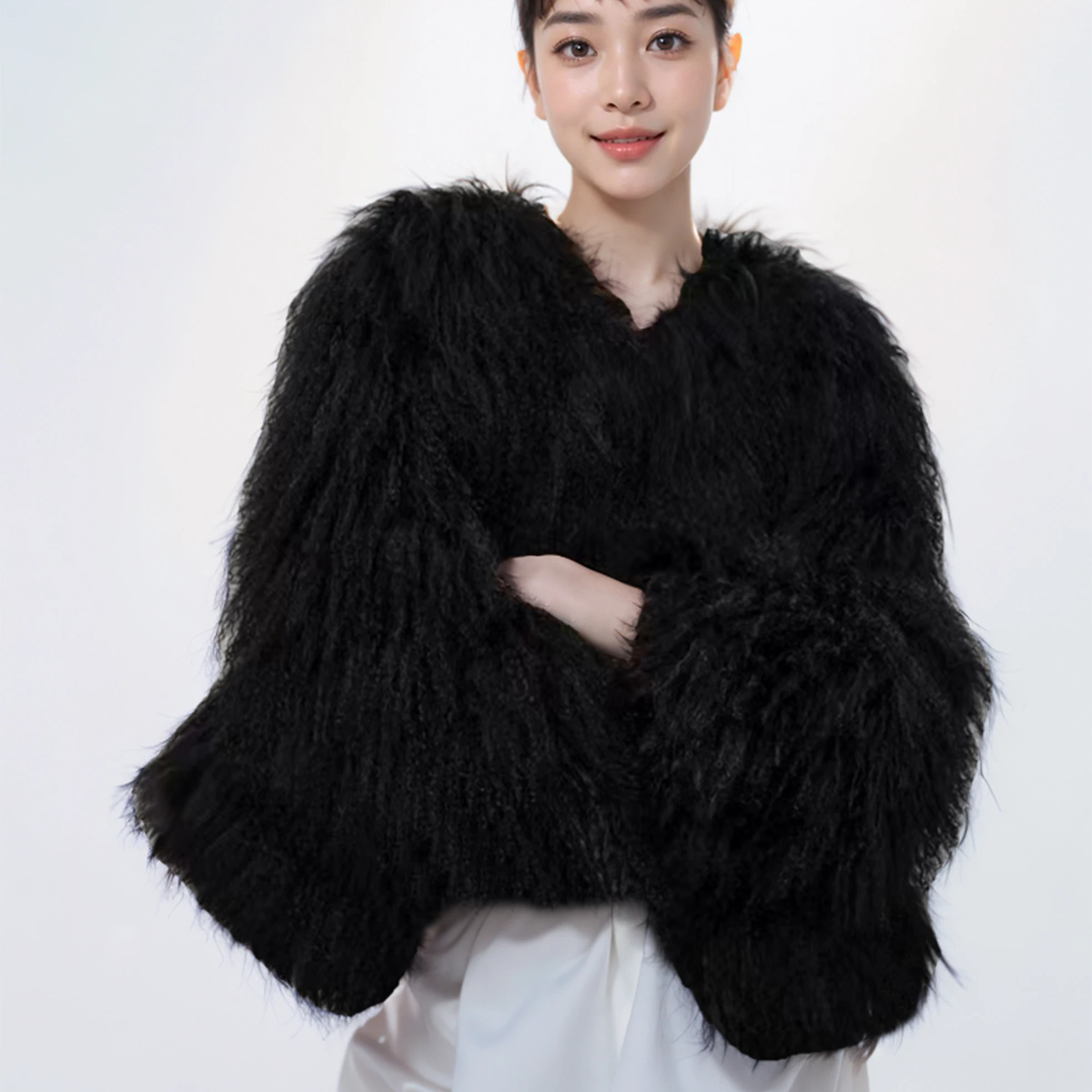 

Women‘s Real Mongolia Sheep Fur Coat Furry Winter Jacket Long Sleeve Shaggy Outwear Thick Warm Streetwear