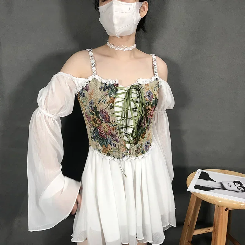 Fashion Lolita Shirt Women Tank Tops Camis Harajuku Vintage y2k Corset Woman Clothing Blusas Sexy Ladies Crop Top Camiseta Mujer