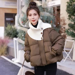 New Winter Knitt Stitching Down Cotton-Padded Women Overcoat Collar Contrast Color Cotton Jacket Short Thick Warm Parker Coats