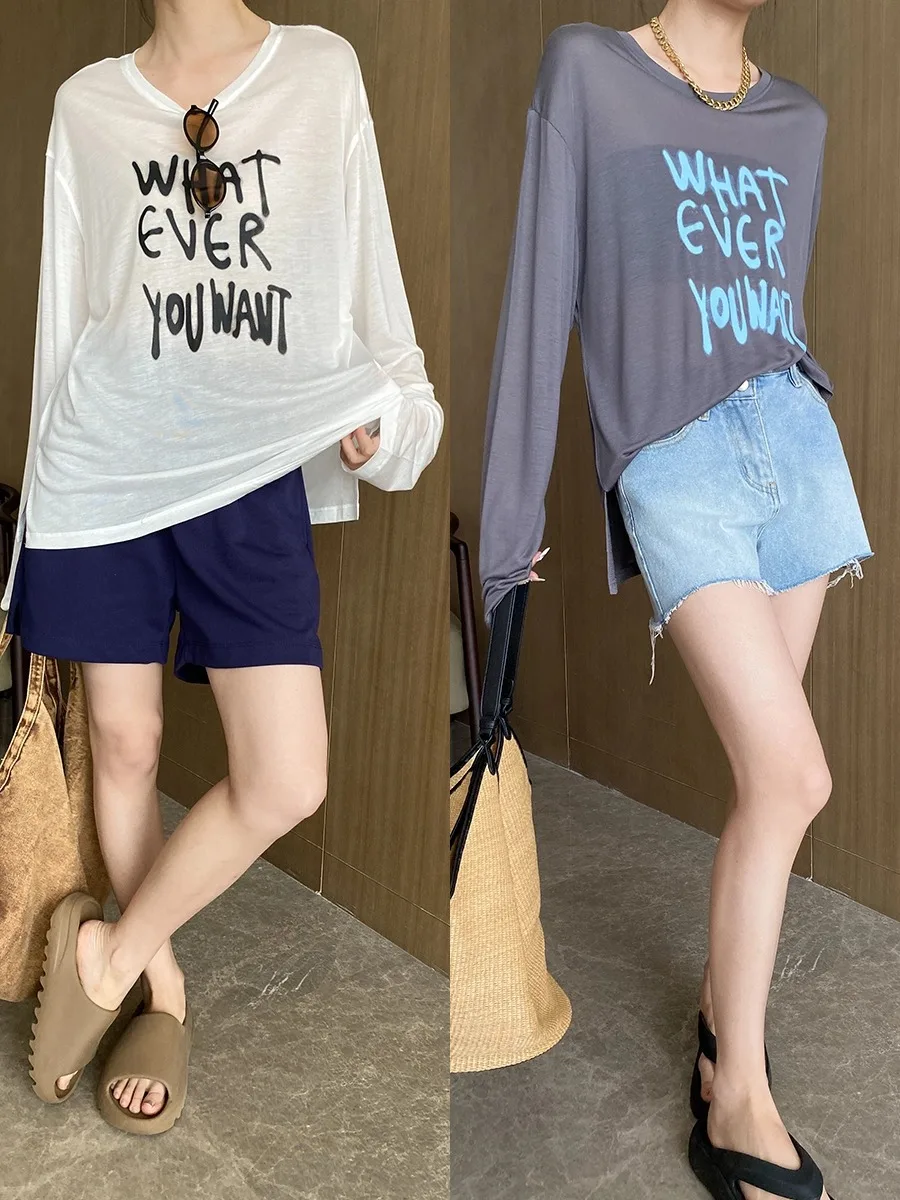 2026 Women Summer Long Sleeve O-Neck Letter Print T Shirts Women Summer Tees White Tops For Women Clothes