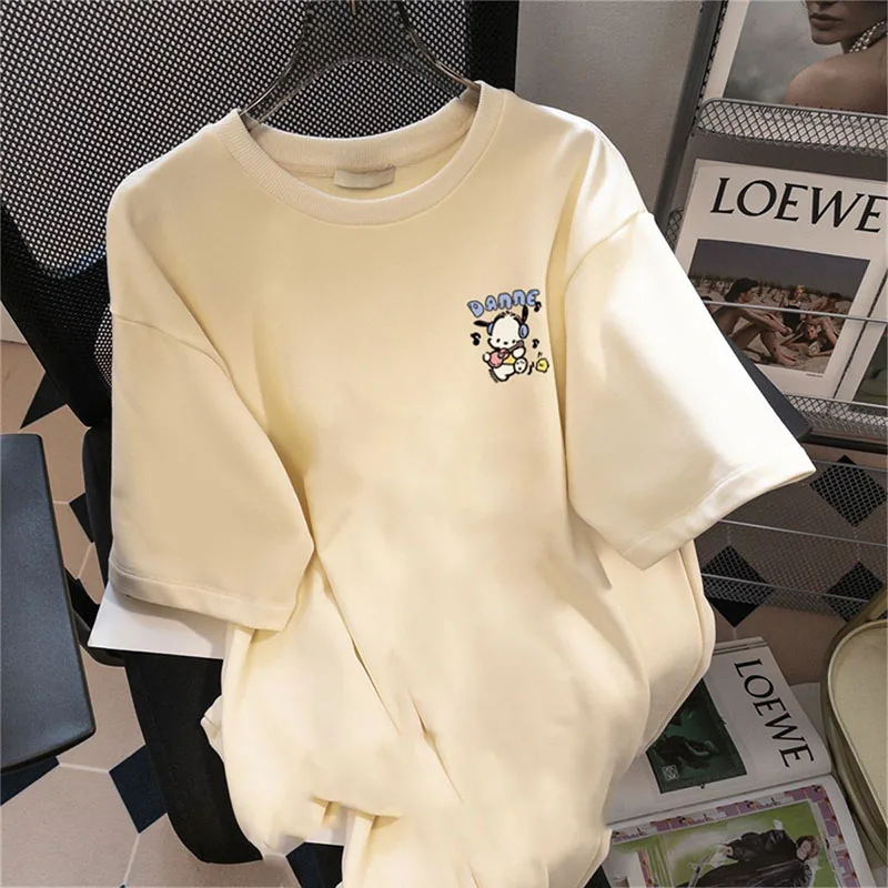 Miniso Sanrio Pochacco T Shirt Cute Cartoon Summer Loose Printing Short Sleeve Casual Home Outdoor Comfort Tops Girl Gifts