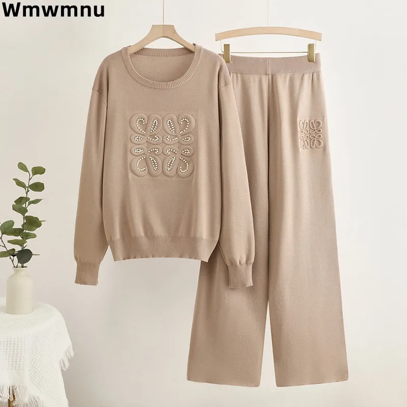 Elegant Casual Women Knitted 2 Piece Sets Korea Pearl Design O-neck Sweater Tops Conjunto New High Waist Wide Leg Pants Ensemble