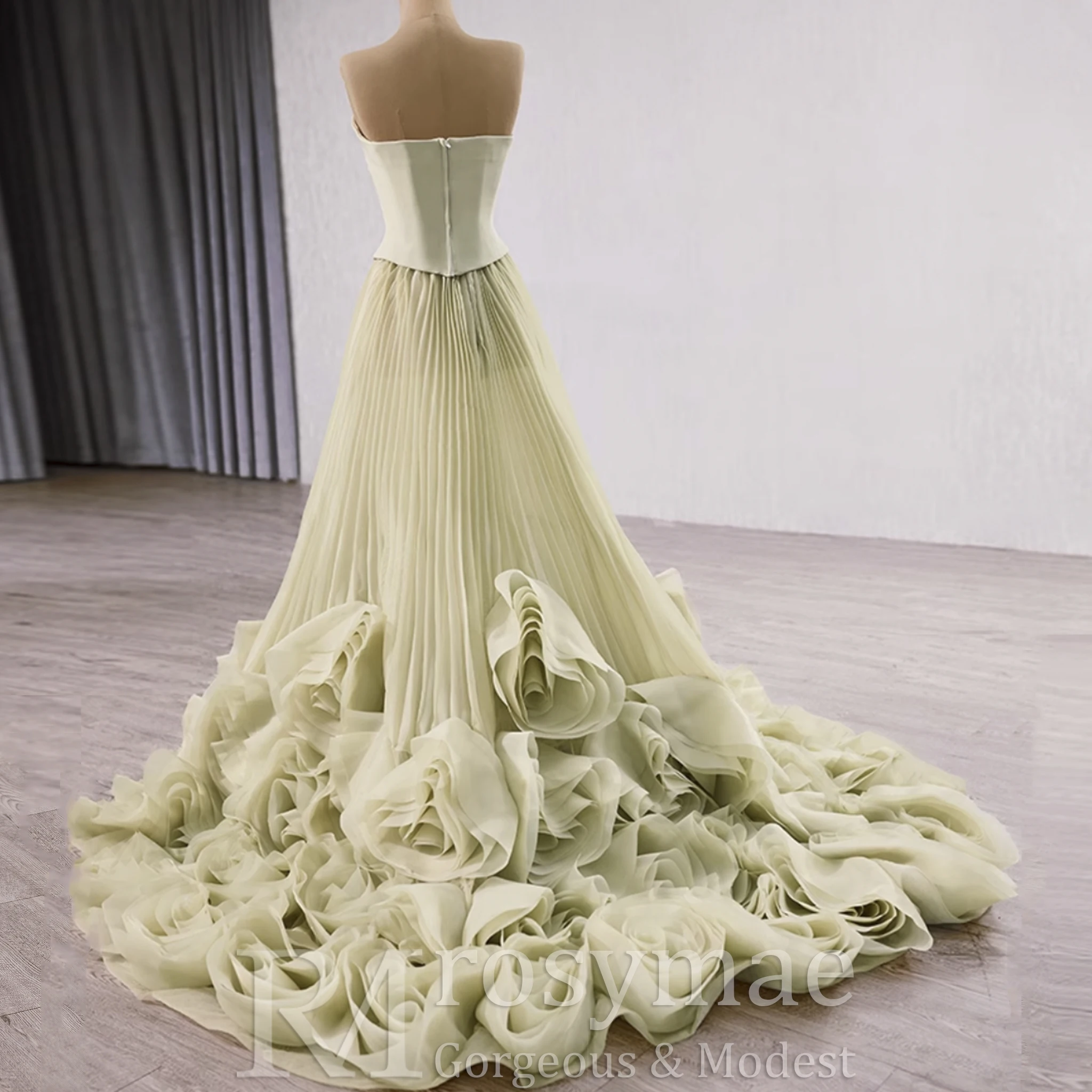 فستان رسمي طويل بدون حمالات من Rosymae مع كشكشة وزهور ثلاثية الأبعاد فستان حفلات أنيق لحفلات الزفاف ومناسبات الشاطئ والحفلات #4