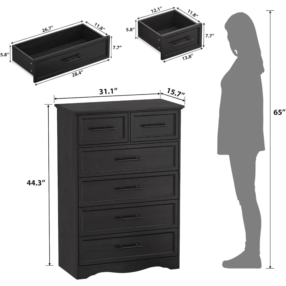 خزانة ملابس لغرفة النوم، 6 خزائن ذات أدراج حديثة، خزانة ذات أدراج بطول 44 بوصة مع مقبض معدني مصقول، منظمات خزانة خشبية
