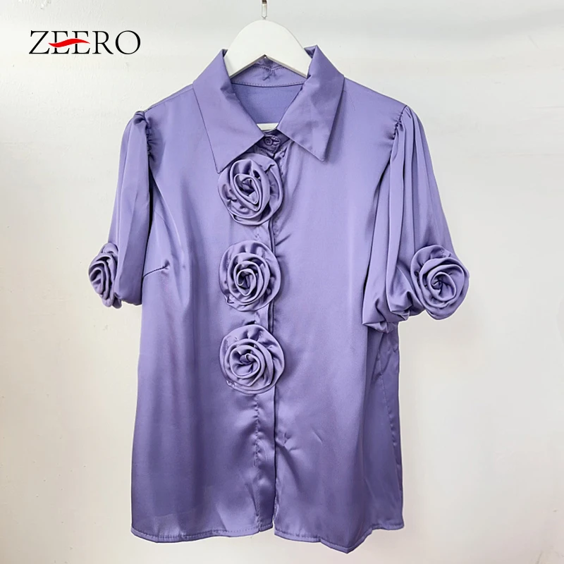 Korean Summer Women Casual White Appliques 3d Flowers Lantern Sleeve Shirt Elegant Female Acetate Satin Surface Blouse Top Mujer